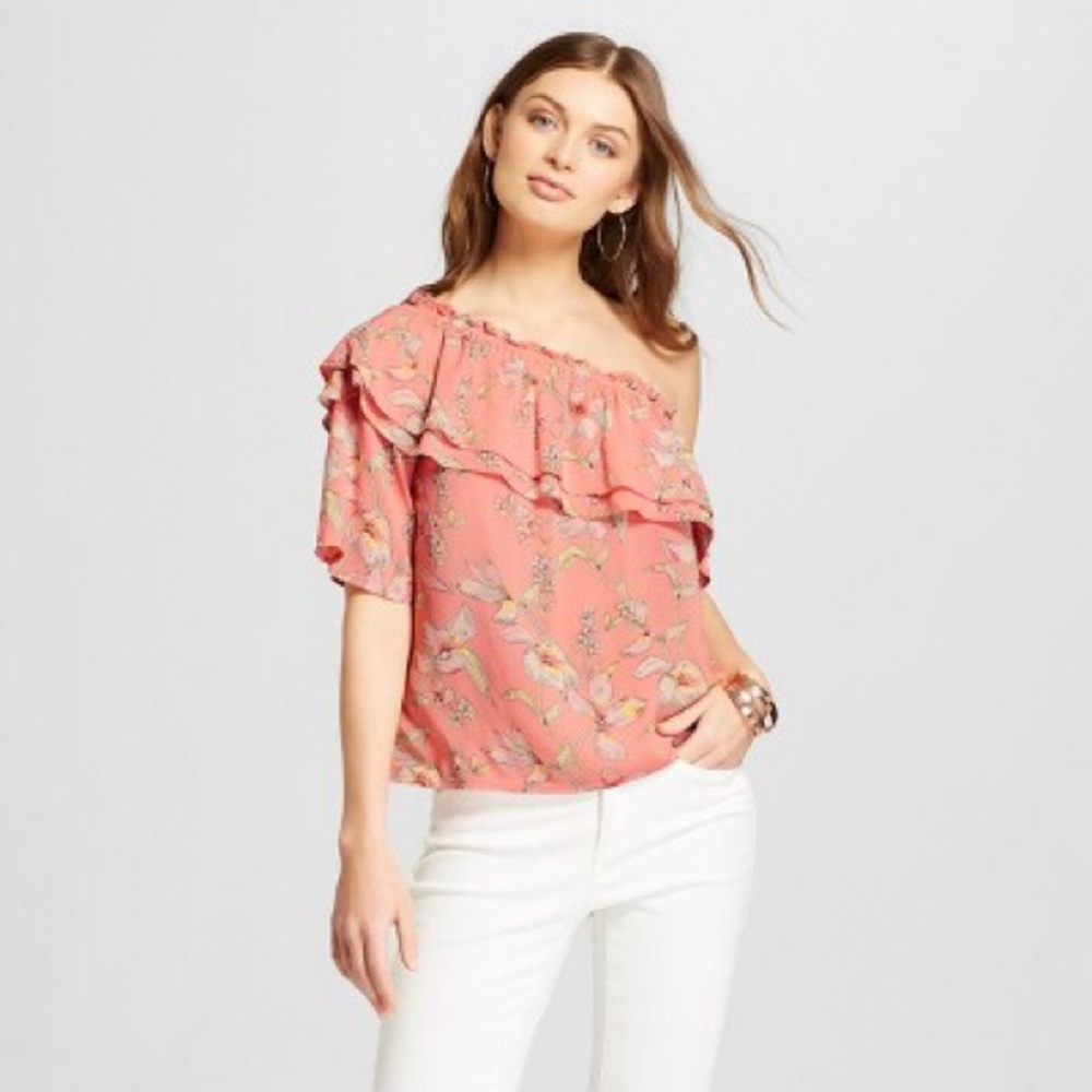 Floral One Shoulder Short Sleeve Ruffle Blouse